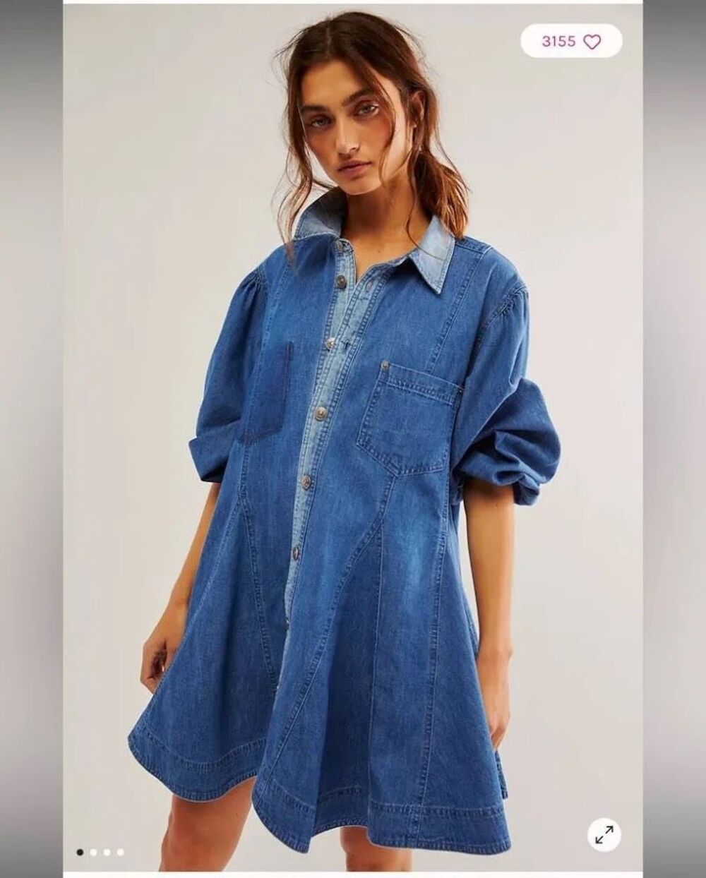 Free People Get Free Denim Mini Dress Med Fit & Flare Puff Sleeve Button Front #